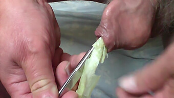 Unique Foreskin Play With Spring Onion And Scissors